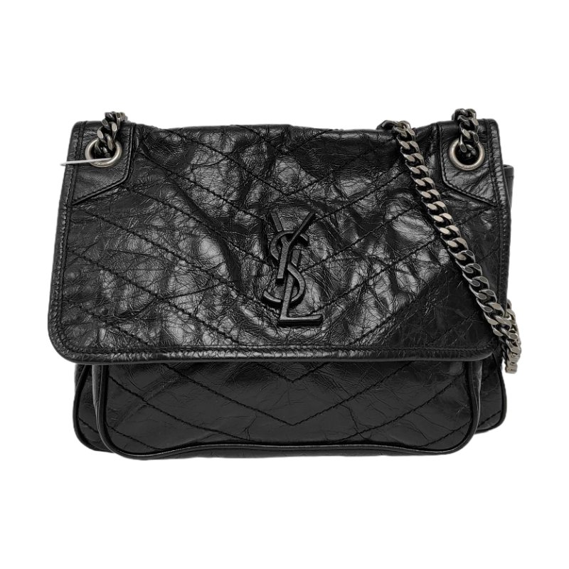 YSL NIKI中號 黑色牛皮V紋褶皺肩背包 斜背包 黑色五金-0