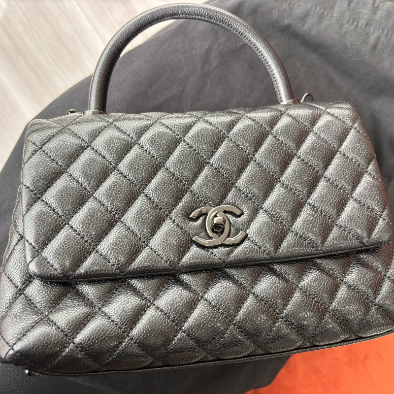 Chanel香奈兒新款so black coco handle中號荔枝皮 手提包 肩背包-18