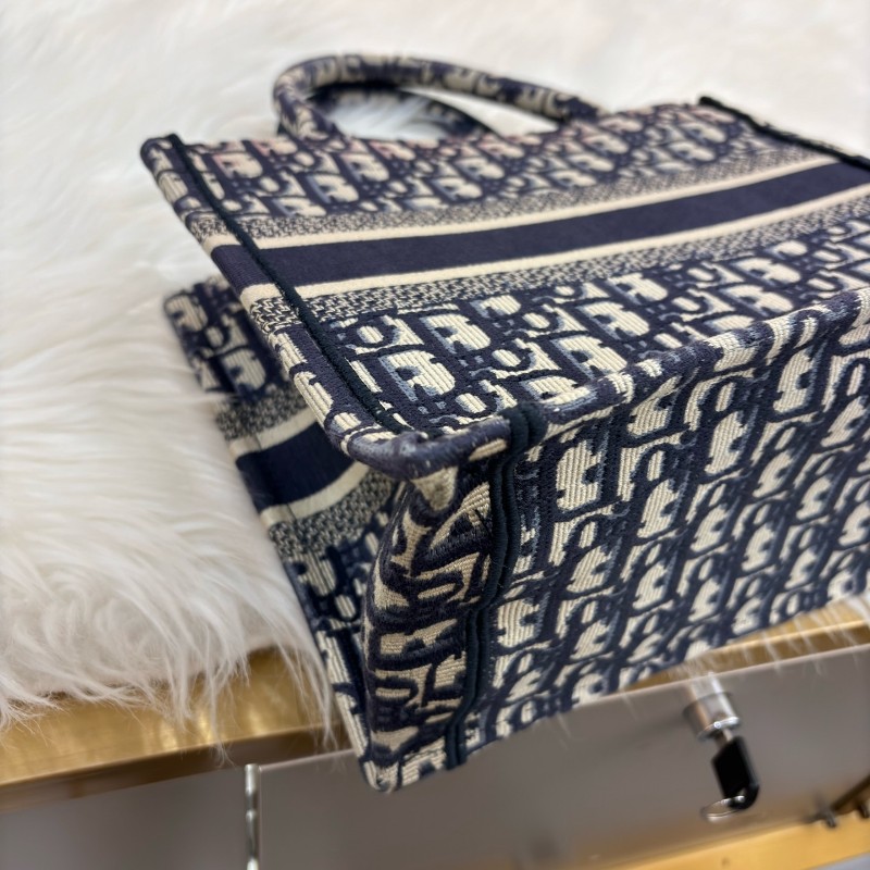Dior迪奧 Book Tote 老花托特包 小號 深藍帆布刺繡 手提包-11