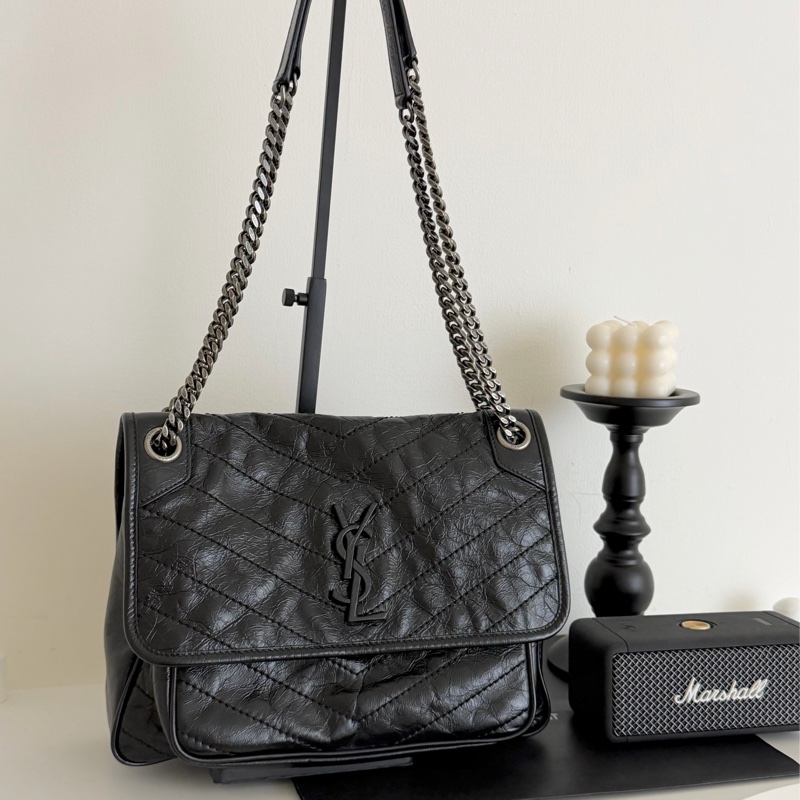 YSL NIKI黑銀 復古皮革中型手袋 中款 聖羅蘭 新款D釦-0