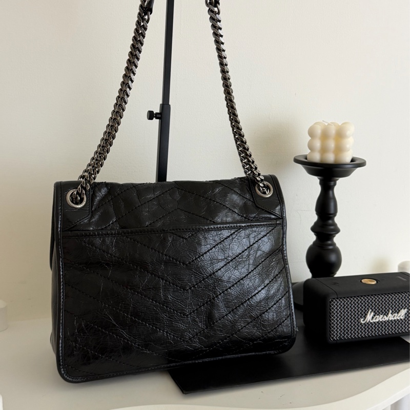 YSL NIKI黑銀 復古皮革中型手袋 中款 聖羅蘭 新款D釦-1