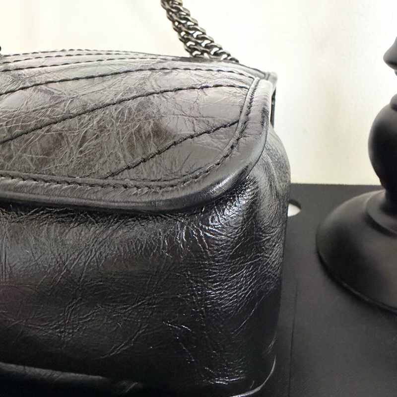 YSL NIKI黑銀 復古皮革中型手袋 中款 聖羅蘭 新款D釦-11