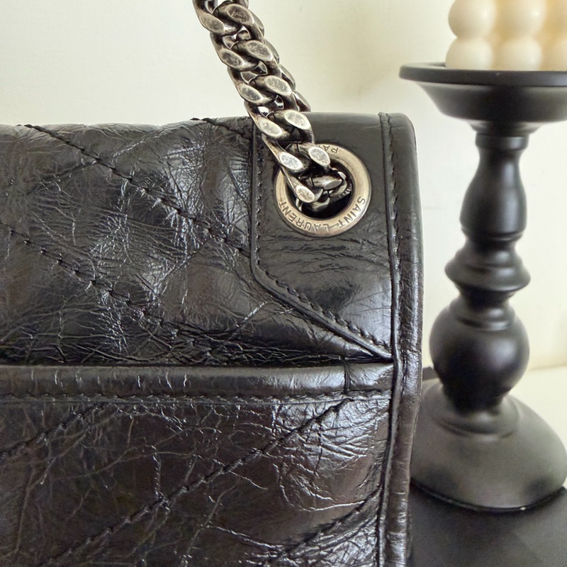 YSL NIKI黑銀 復古皮革中型手袋 中款 聖羅蘭 新款D釦-14