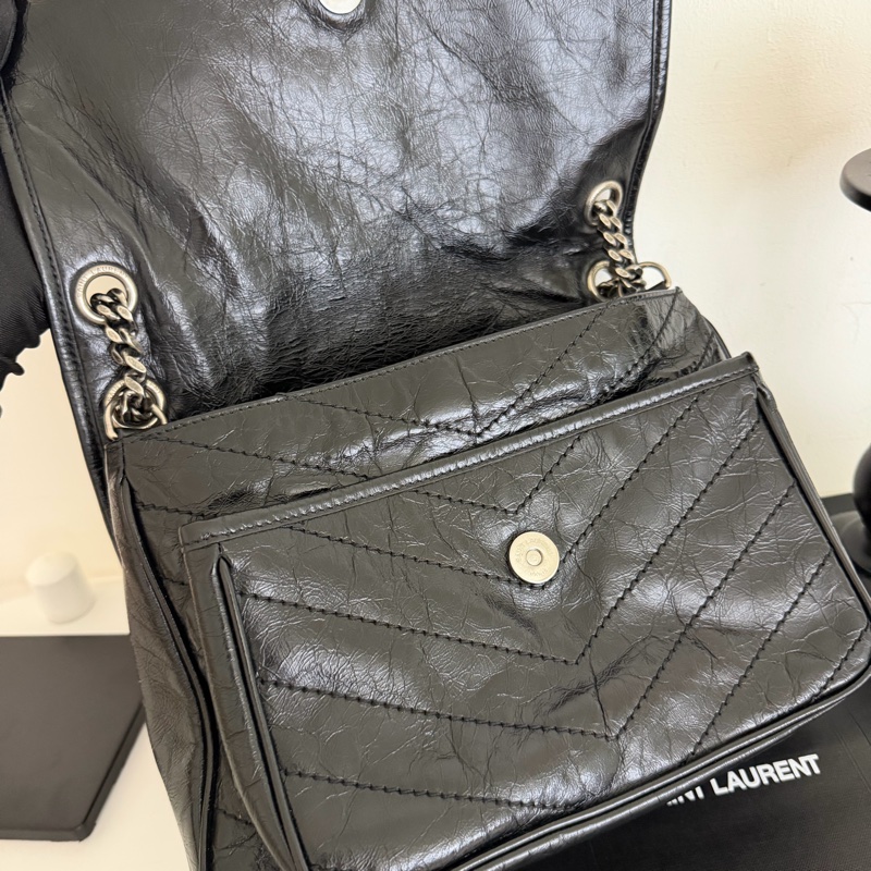 YSL NIKI黑銀 復古皮革中型手袋 中款 聖羅蘭 新款D釦-15