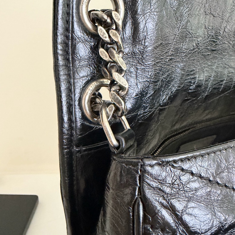 YSL NIKI黑銀 復古皮革中型手袋 中款 聖羅蘭 新款D釦-16