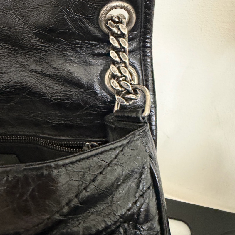 YSL NIKI黑銀 復古皮革中型手袋 中款 聖羅蘭 新款D釦-18