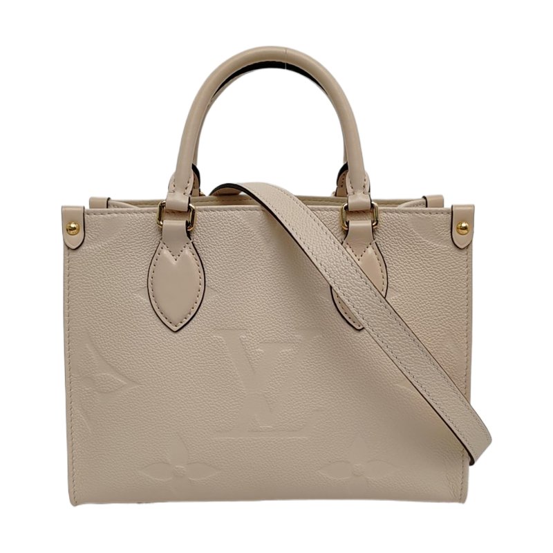 LOUIS VUITTON ONTHEGO PM小號米色牛皮老花壓紋叢林包肩背包手提包斜背包 金色五金 可拆卸肩帶 配件齊全-0