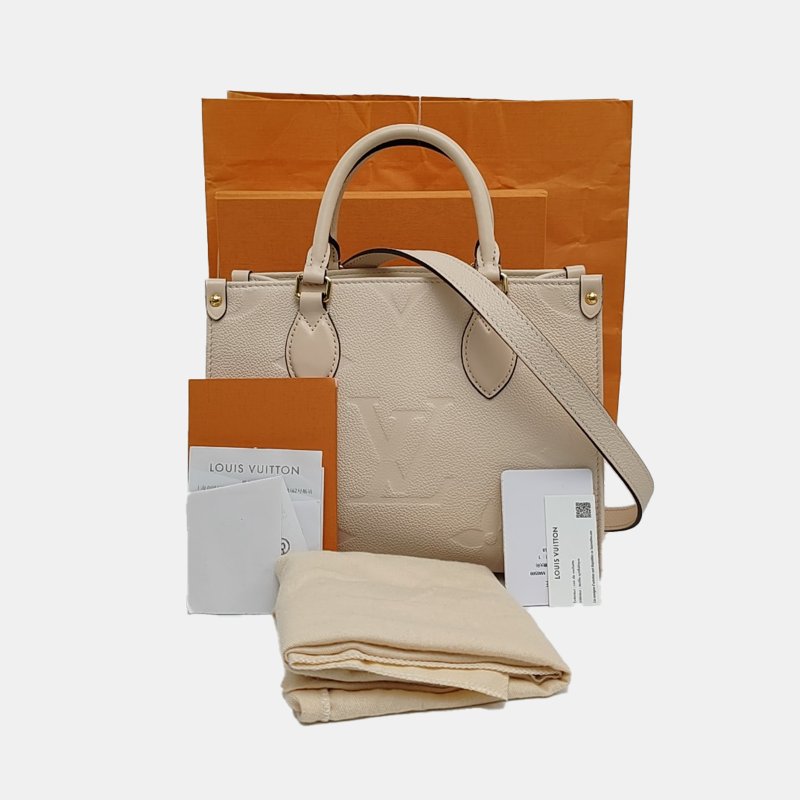 LOUIS VUITTON ONTHEGO PM小號米色牛皮老花壓紋叢林包肩背包手提包斜背包 金色五金 可拆卸肩帶 配件齊全-7