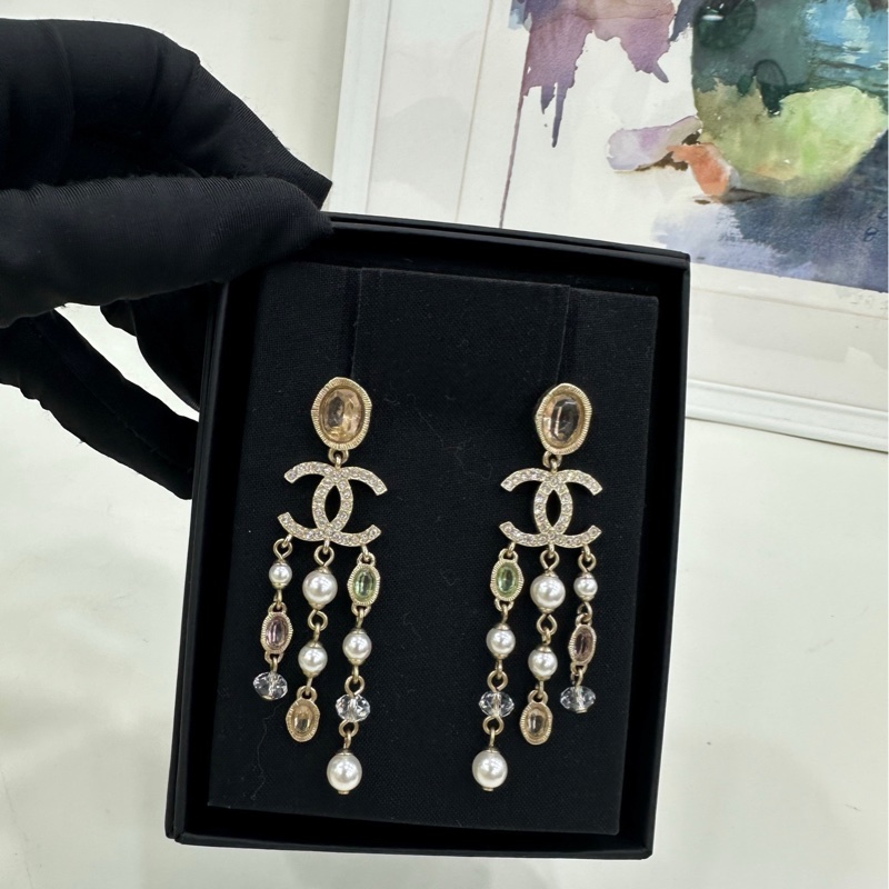 Chanelv香奈兒彩寶珍珠水鑽 耳環 流蘇耳環 耳環-1