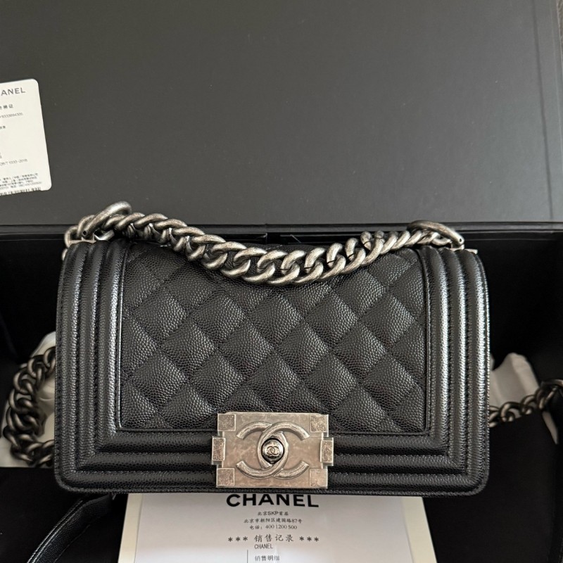 CHANEL LEBOY 小號 黑色銀扣荔枝牛皮 肩背包斜背包 晶片款-1