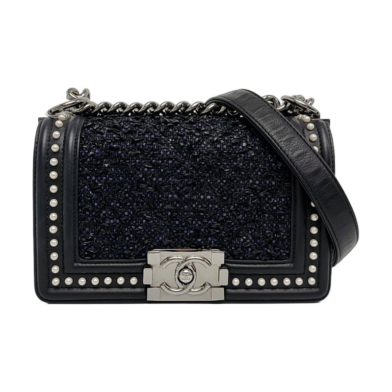 CHANEL BOY 小號 黑色織物菱格紋綉縫斜背包肩背包 銀色五金 可拆卸肩帶-0