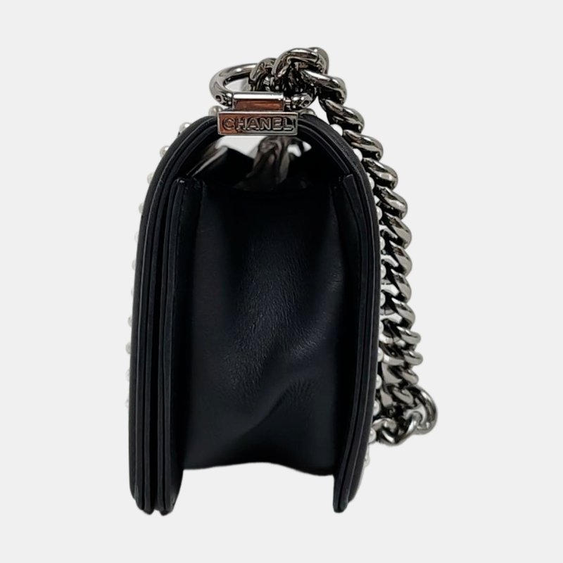 CHANEL BOY 小號 黑色織物菱格紋綉縫斜背包肩背包 銀色五金 可拆卸肩帶-2