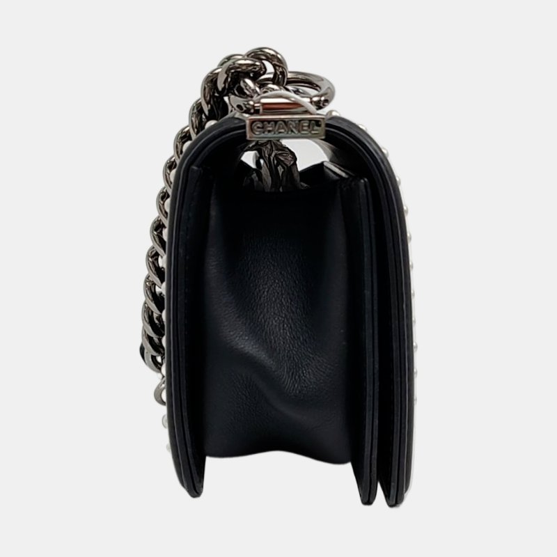 CHANEL BOY 小號 黑色織物菱格紋綉縫斜背包肩背包 銀色五金 可拆卸肩帶-3