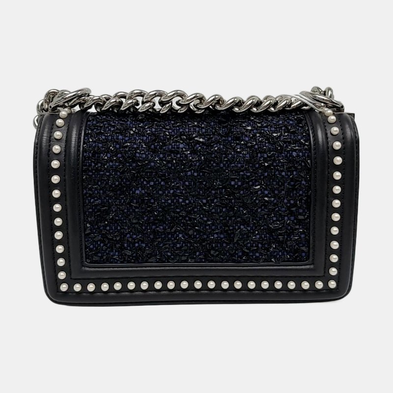 CHANEL BOY 小號 黑色織物菱格紋綉縫斜背包肩背包 銀色五金 可拆卸肩帶-4