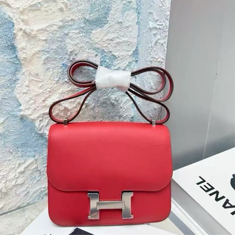 HERMES 辣椒紅銀扣19康康肩背斜背包 19*15*4 99新配件盒子塵袋