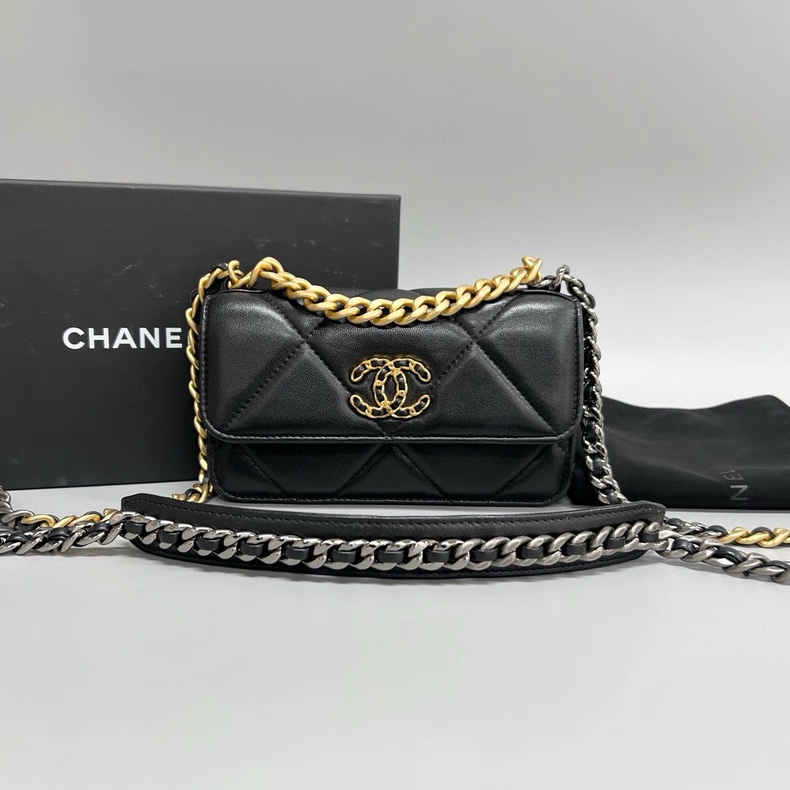 新款芯片款!Chanel 香奈兒 19bagwoc mini 迷你款 黑金羊皮-0