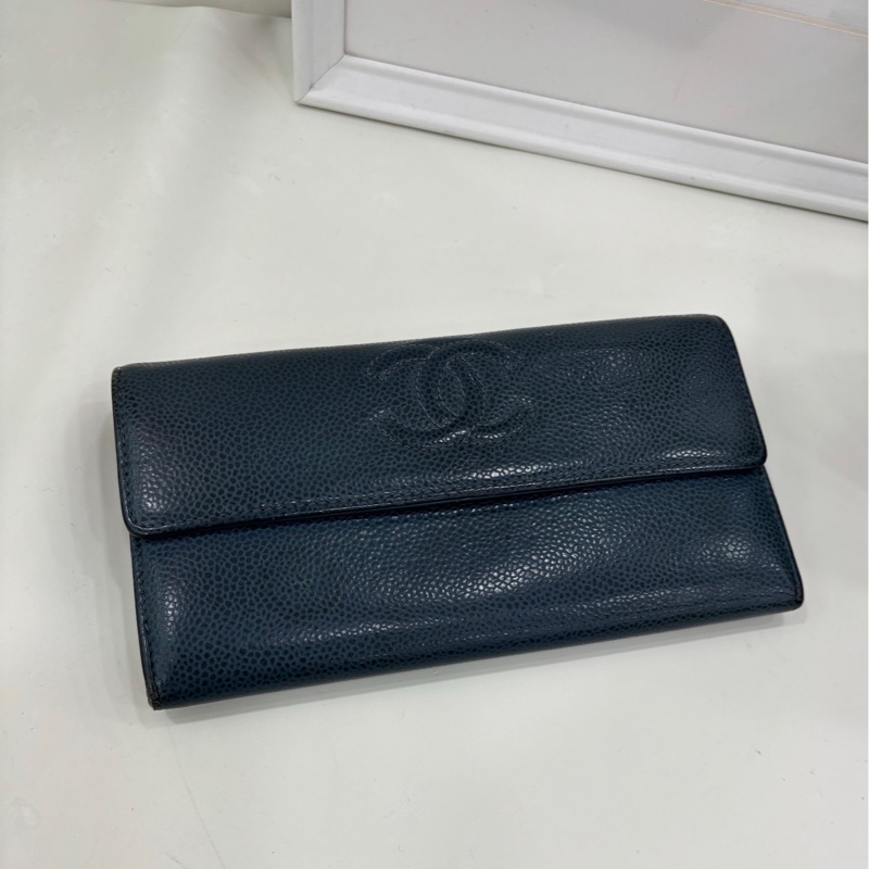 Chanel香奈兒 荔枝紋牛皮 長版翻蓋皮夾 22開-0