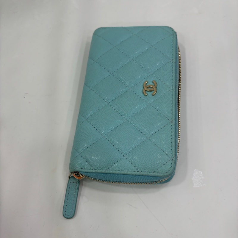 Chanel香奈兒 淡藍色魚子醬荔枝皮外拉鍊錢包 27開 無卡-4