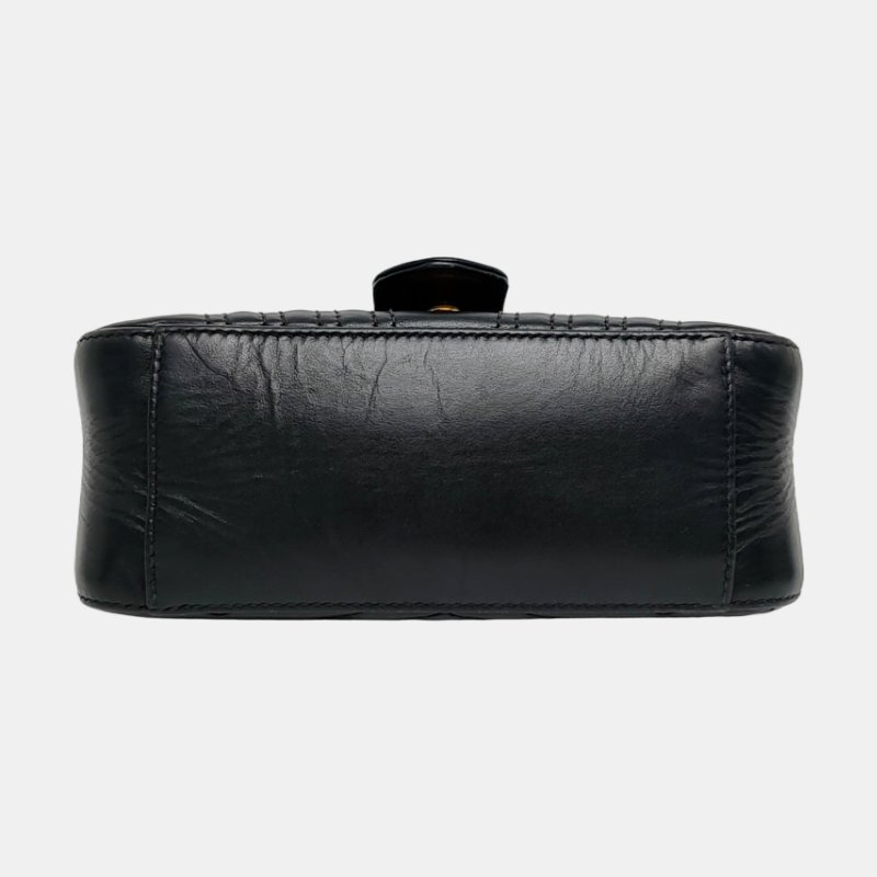 GUCCI GG Marmont 迷你 黑色牛皮绗缝波浪纹肩背包手提包斜背包 金色五金 可拆卸肩带-5