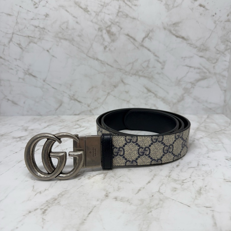 GUCCI Marmont復古銀釦藍色雙面腰帶-90CM-0