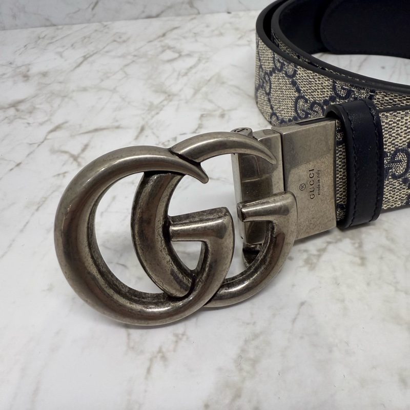 GUCCI Marmont復古銀釦藍色雙面腰帶-90CM-1