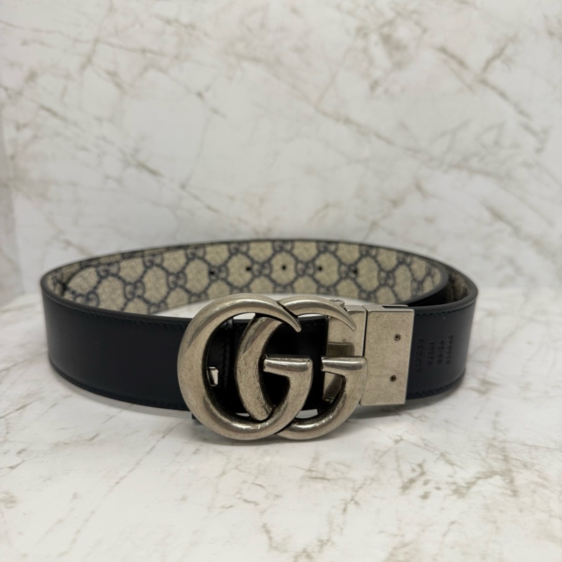 GUCCI Marmont復古銀釦藍色雙面腰帶-90CM-3