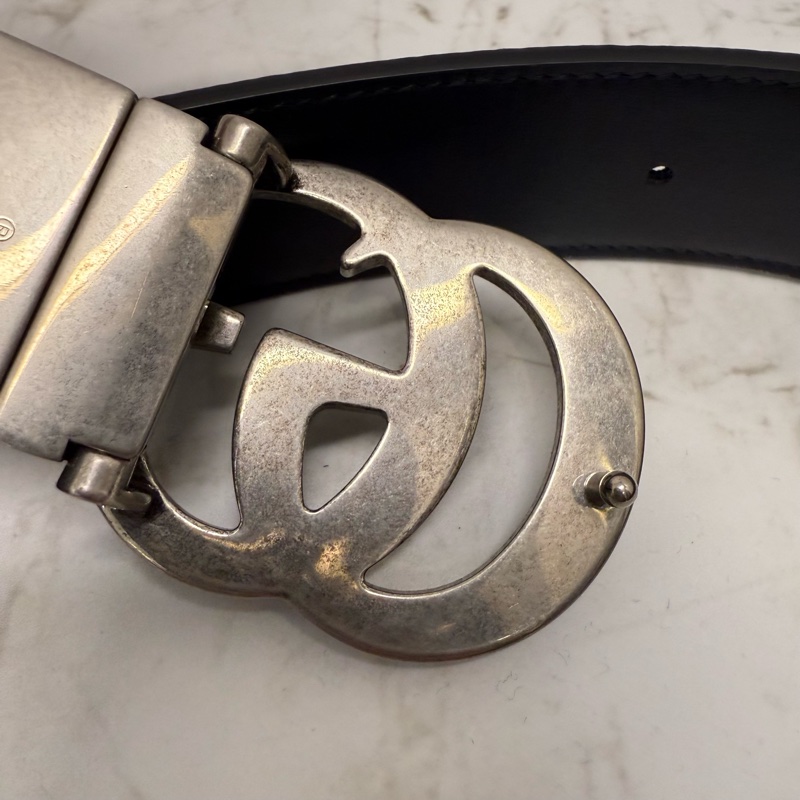 GUCCI Marmont復古銀釦藍色雙面腰帶-90CM-4