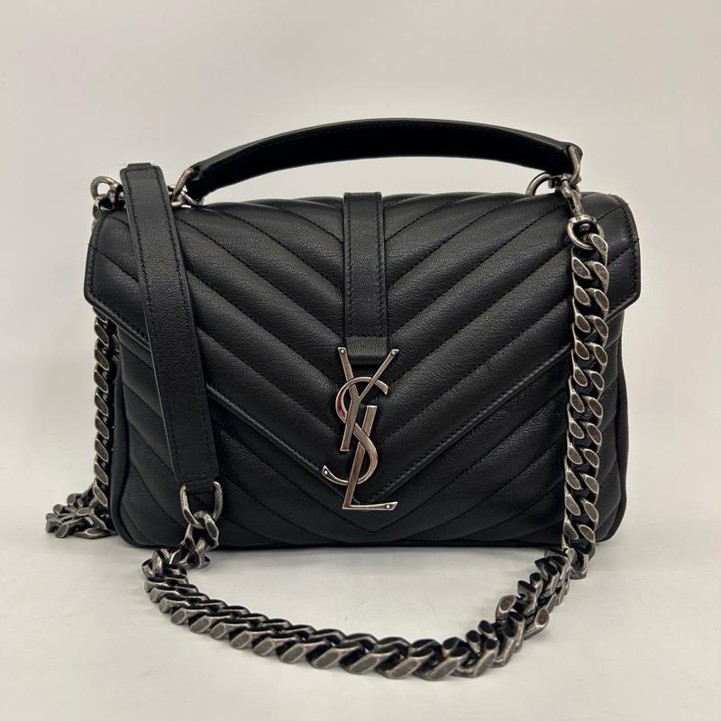 YSL 黑牛皮V型紋銀釦信封下蓋學院包-0