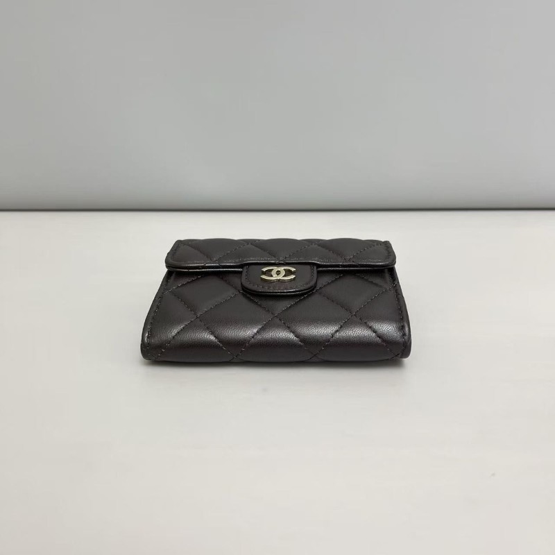 Chanel香奈兒 CF深棕色金扣全皮菱格卡包短夾 銀包-4
