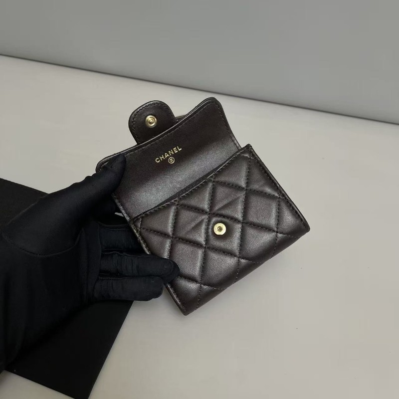 Chanel香奈兒 CF深棕色金扣全皮菱格卡包短夾 銀包-7