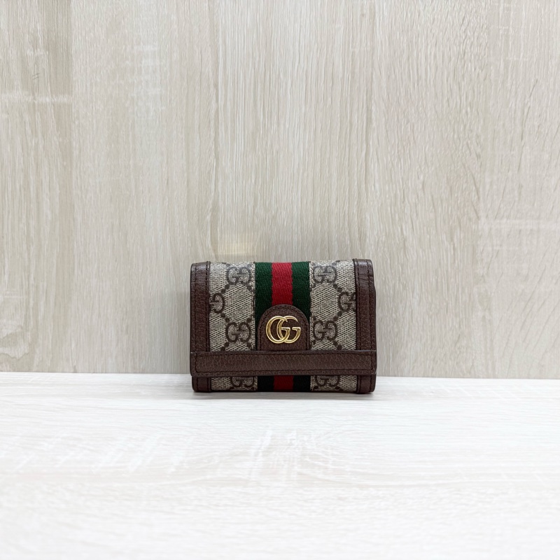 GUCCI老花拼綠紅綠織帶OPHIDIA三折零錢短夾-0