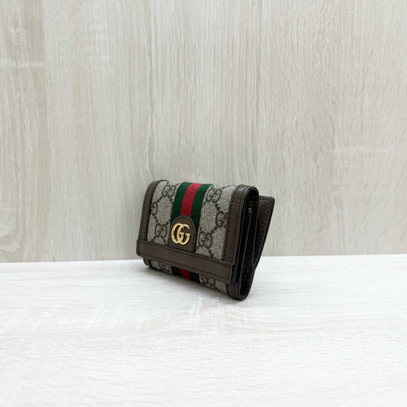 GUCCI老花拼綠紅綠織帶OPHIDIA三折零錢短夾-2