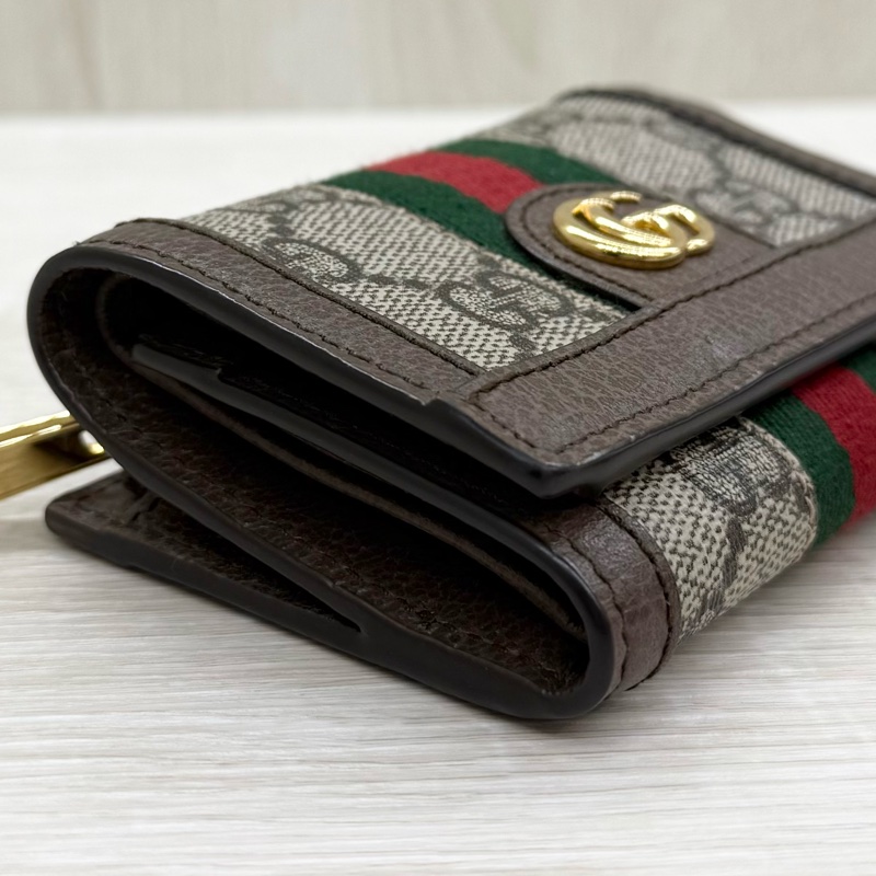 GUCCI老花拼綠紅綠織帶OPHIDIA三折零錢短夾-10