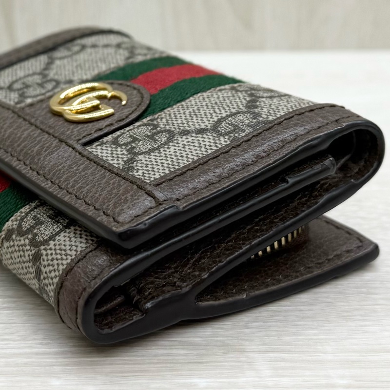 GUCCI老花拼綠紅綠織帶OPHIDIA三折零錢短夾-11