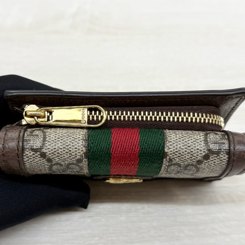 GUCCI老花拼綠紅綠織帶OPHIDIA三折零錢短夾-14