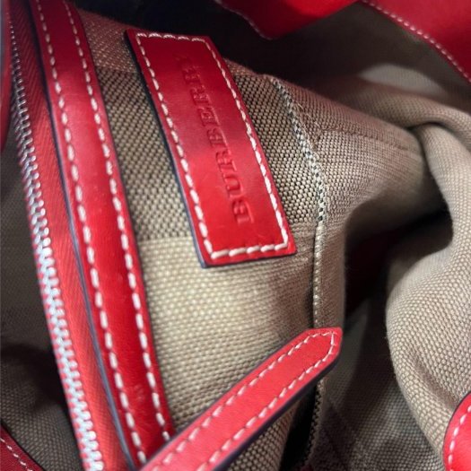 東區正精品㊣BURBERRY 3945742 經典格紋棉麻紅色皮革手提包斜背包水桶包 RZ5882-3