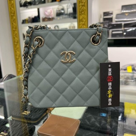 東區正精品㊣CHANEL Mini Bucket 全新香奈兒藍綠色菱格紋荔枝皮牛皮金鍊肩背包斜背包 RZ5875-0
