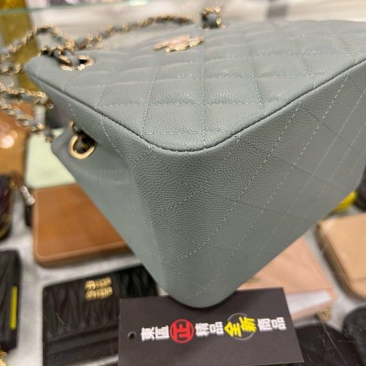 東區正精品㊣CHANEL Mini Bucket 全新香奈兒藍綠色菱格紋荔枝皮牛皮金鍊肩背包斜背包 RZ5875-5