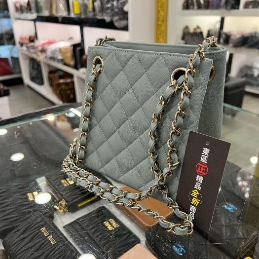 東區正精品㊣CHANEL Mini Bucket 全新香奈兒藍綠色菱格紋荔枝皮牛皮金鍊肩背包斜背包 RZ5875-6