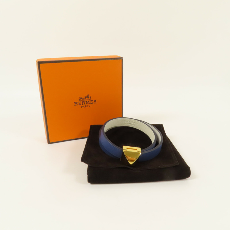 HERMES Swift皮革Medor Infini Double Tour Bracelet金扣手鐲Blue-11