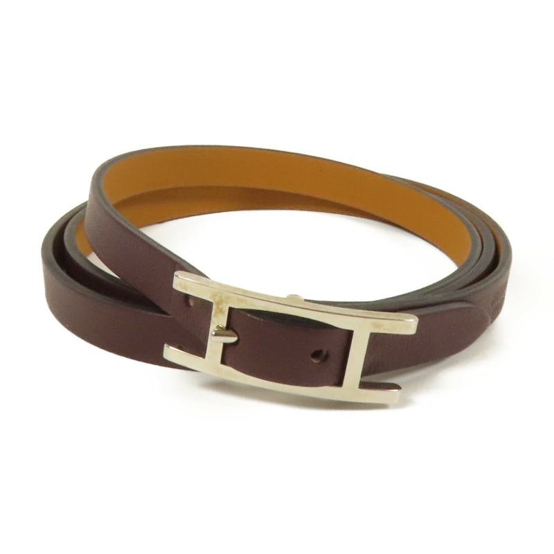 HERMES Swift皮革Behapi Double Tour Bracelet銀扣手帶Brown-0