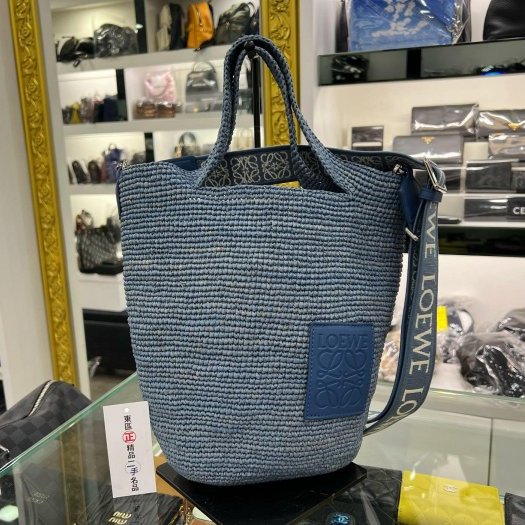 東區正精品㊣LOEWE Slit 近全新藍色酒椰葉草編拚牛皮手提包肩背包斜背包水桶包 RZ5878-0