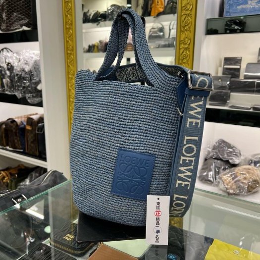 東區正精品㊣LOEWE Slit 近全新藍色酒椰葉草編拚牛皮手提包肩背包斜背包水桶包 RZ5878-1