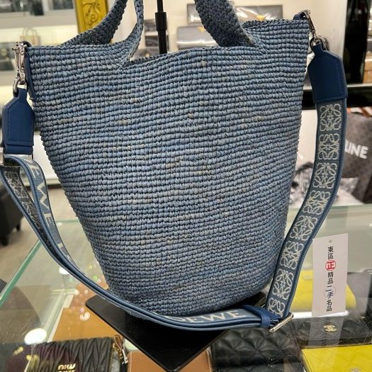 東區正精品㊣LOEWE Slit 近全新藍色酒椰葉草編拚牛皮手提包肩背包斜背包水桶包 RZ5878-4