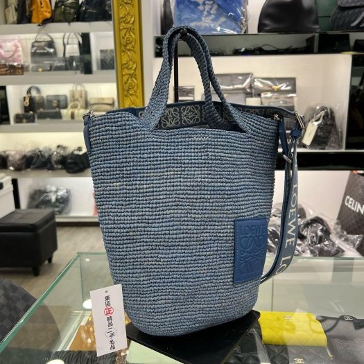 東區正精品㊣LOEWE Slit 近全新藍色酒椰葉草編拚牛皮手提包肩背包斜背包水桶包 RZ5878-6