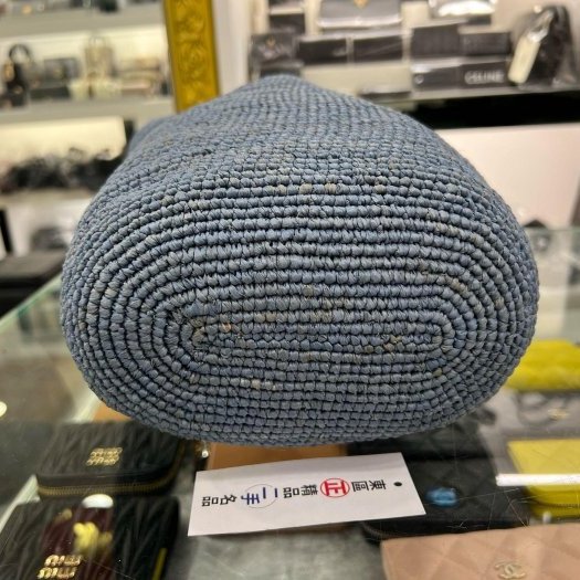 東區正精品㊣LOEWE Slit 近全新藍色酒椰葉草編拚牛皮手提包肩背包斜背包水桶包 RZ5878-7