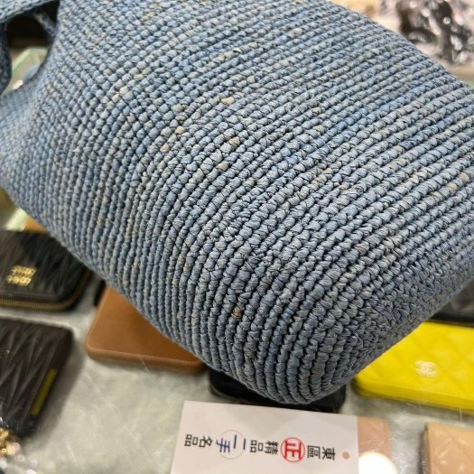 東區正精品㊣LOEWE Slit 近全新藍色酒椰葉草編拚牛皮手提包肩背包斜背包水桶包 RZ5878-8