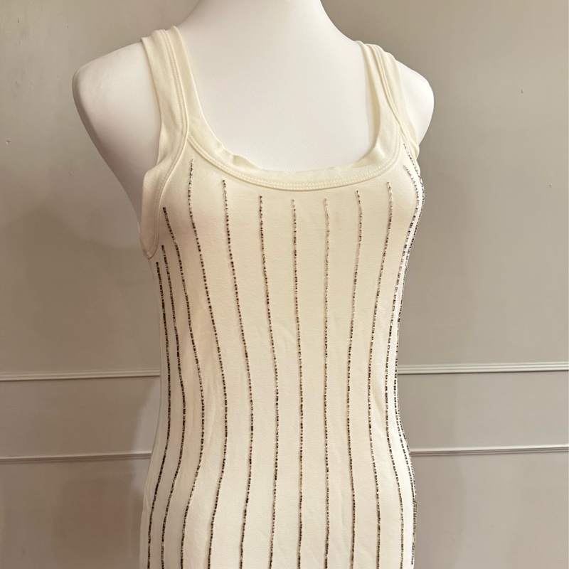 正品Dior迪奧米白色整件都是珠繡條紋背心38/SM-0
