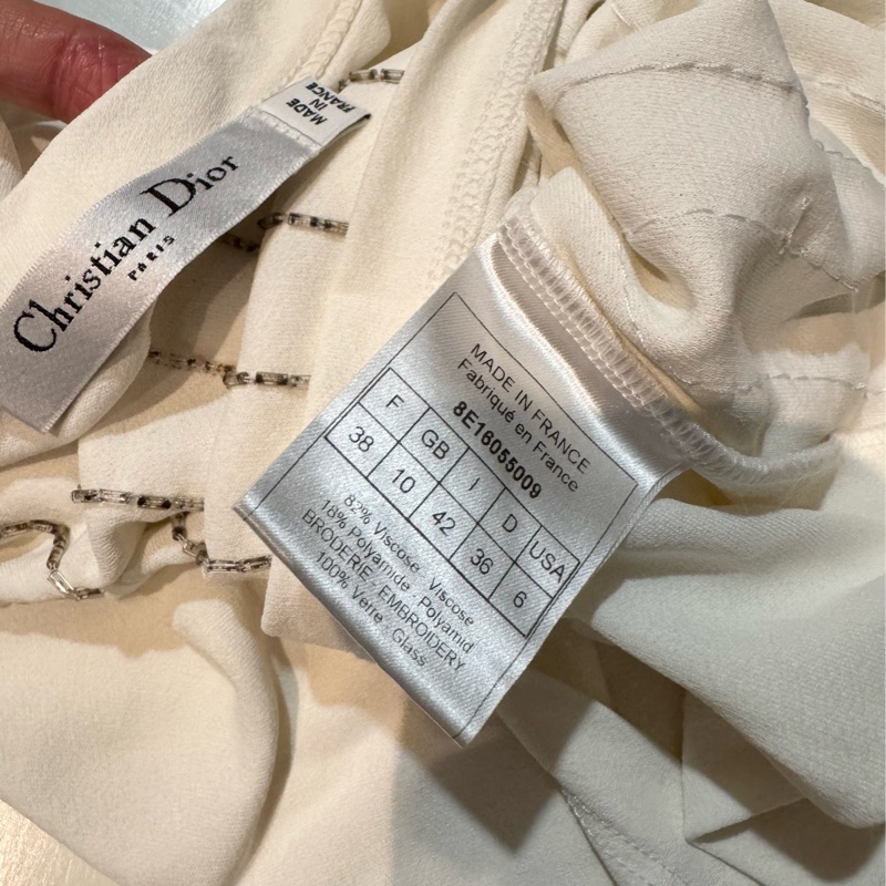 正品Dior迪奧米白色整件都是珠繡條紋背心38/SM-5