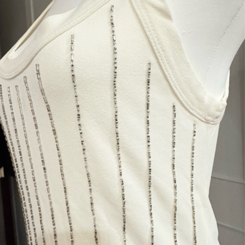 正品Dior迪奧米白色整件都是珠繡條紋背心38/SM-7